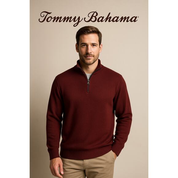 Tommy Bahama XL Maroon Quarter Zip Pullover Sweater Cotton Blend Casual Resort - Picture 2 of 9